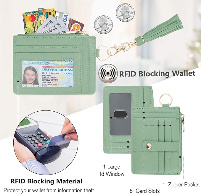 KNGITRYI Wallet Keychain Wristlet for Women,Slim RFID Credit Card Holder Purse Tassel Keychain Bangle Key Ring for Men Women