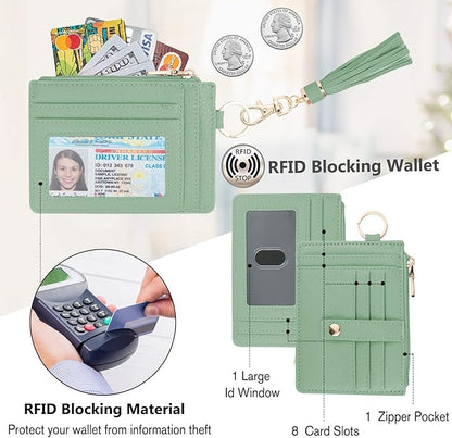 KNGITRYI Wallet Keychain Wristlet for Women,Slim RFID Credit Card Holder Purse Tassel Keychain Bangle Key Ring for Men Women