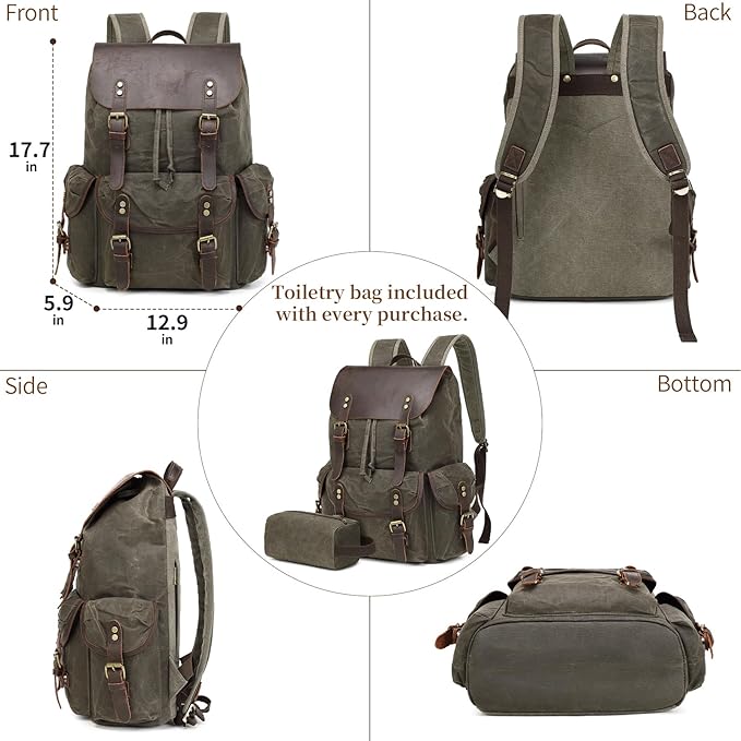 Wogarl Vintage Leather Canvas Backpack, Waxed Canvas Shoulder Rucksack with Toiletry Shoulder Rucksack for Traveling, Camping, Hiking,Business College Fits 17inch Laptop,Green