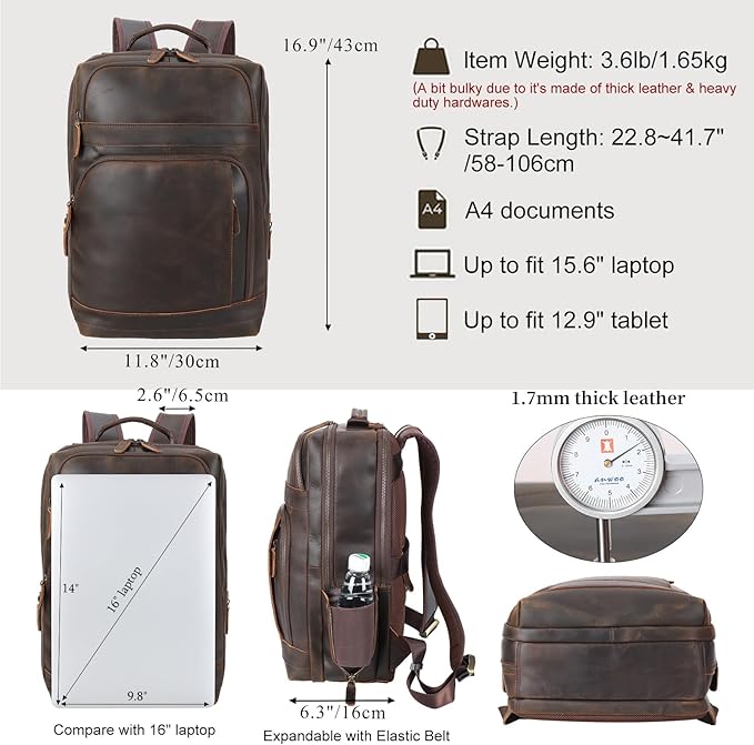 Masa Kawa Brown Leather Laptop Backpack for Men Fits 16” 15.6” Computer, Vintage Business Travel Work Large Daypack Weekender Bag Camping Rucksack