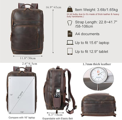 Masa Kawa Brown Leather Laptop Backpack for Men Fits 16” 15.6” Computer, Vintage Business Travel Work Large Daypack Weekender Bag Camping Rucksack