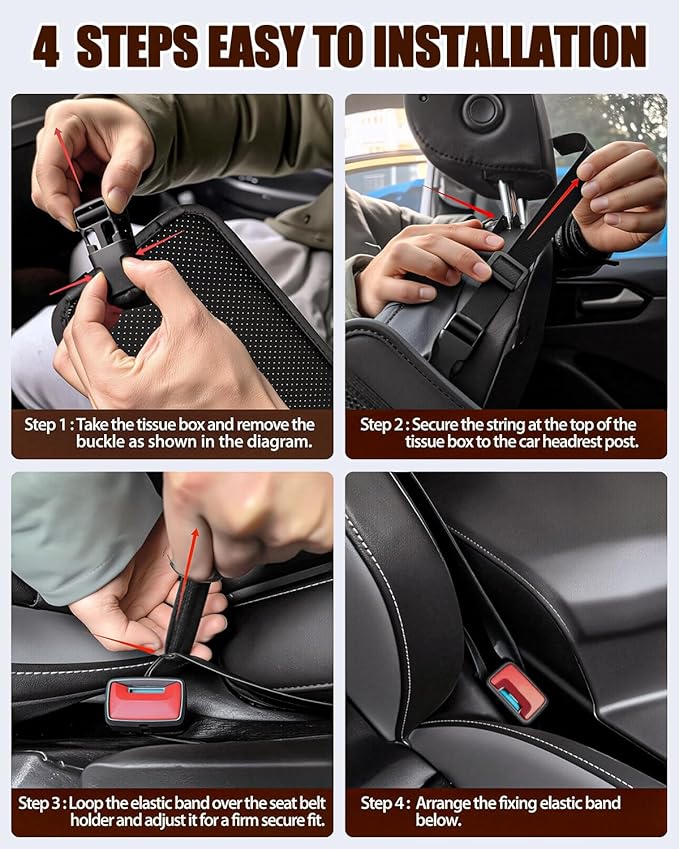 Car Tissue Holder for Kleenex 60/120/160/180 Count,Rectangular Car Storage Box, Side Mount Organizer with 3 Mesh Pockets, Hanging Bag, Waterproof PU Leather, for Front and Back Seat