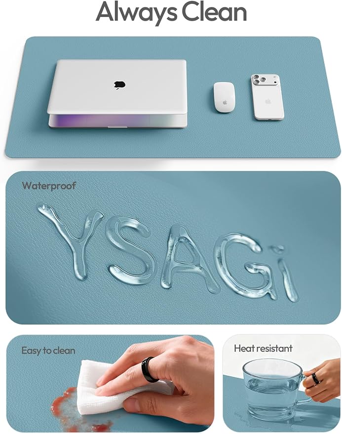 YSAGi Leather Desk Pad Protector, Office Desk Mat, Large Mouse Pad, Non-Slip PU Leather Desk Blotter, Laptop Desk Pad, Waterproof Desk Writing Pad for Office and Home (Aquamarine, 23.6" x 13.8")