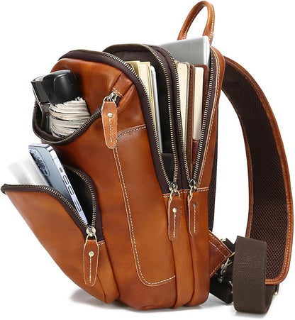 LANNSYNE Vintage Full Grain Leather Sling Bag Crossbody Chest Daypack | Vintage, Full Grain, Leather, Chest