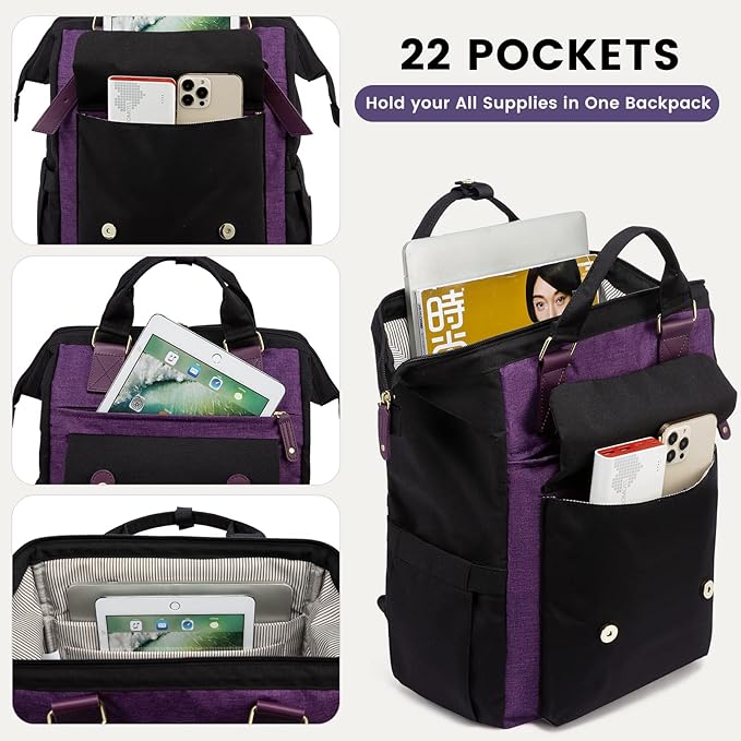 LOVEVOOK Backpack for Women, Teacher Work Bag Laptop Backpack, Nurse Bags Business Laptop Bag, College Backpack Purse, Travel Back Pack, 15.6 Inch, Black-Purple