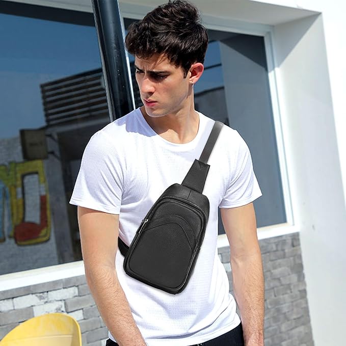 Genuine Leather Sling Bag Multi-pocket Chest Bag for Men Hiking Travel Daypack