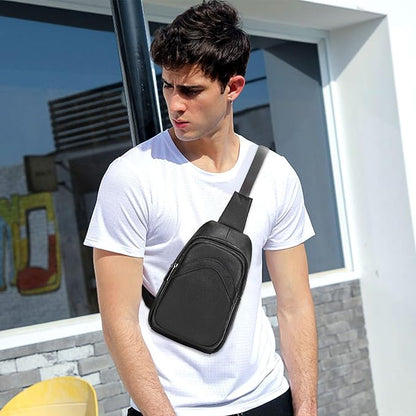 Genuine Leather Sling Bag Multi-pocket Chest Bag for Men Hiking Travel Daypack