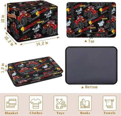 Storage Bins With Zipper Lid, Collapsible Trunk Organizer, Car Organizers and Storage Bins with Lids, Decorative Storage Boxes with Handle, Home Storage Baskets for Organizing (Monster Truck)