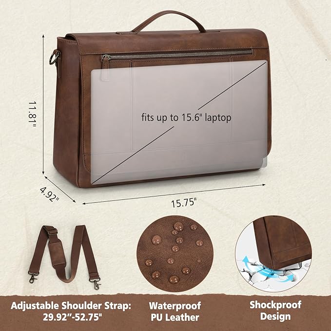 RAINSMORE Leather Messenger Bag for Men 15.6 Inch Laptop Bag Vintage Briefcase Large Computer Bag Satchel Shoulder Bag For College, Work, Business, Office, Brown