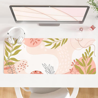 QiyI Large Mouse Pad, Cute Desk Mat for Desktop, Women Girls Minimalist Pink Office Desk Accessories, PU Leather Waterproof Gaming Mousepad, Tropical Leaves Desk Pad Computer Mat, 31.5" x 11.8"