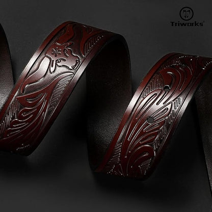 TRIWORKS Western Belt for Men Women Cowboy Engraved Belt Western Buckle Embossed Leather Belt