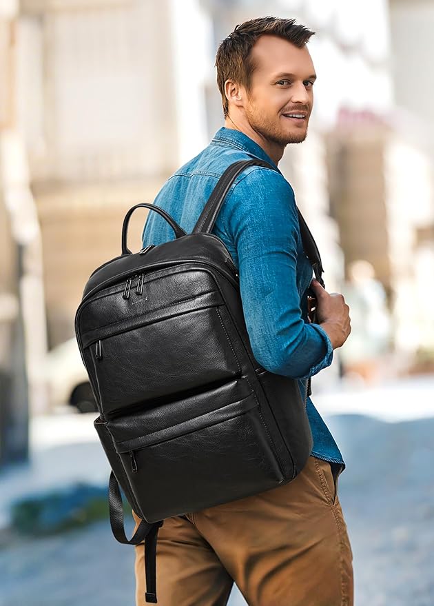 Vegan Leather Backpack for Women and Men, Fits 16.0 Inch Laptop, Multi-Pocket Design with Water Bottle and Luggage Strap, Ideal for Work, Travel, and Daily Use, Black