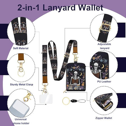 Skeleton Lanyard Wallet with ID Badge Holder PU Leather with 1 Zip Pocket and 3 Card Slots Keychain Phone Lanyard Wrist Strap, RFID Blocking, for Office School Business Security Staff