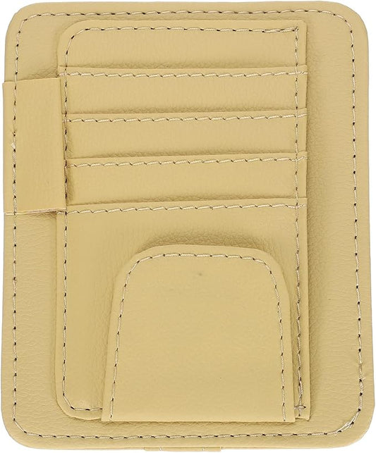 PATIKIL 1 Pcs Car Sun Visor Organizer, 6.1 x 4.9 Inch PU Leather Vehicle Storage Pouch Holder for Sunglasses Card Pen Driver License Car Accessories, Beige