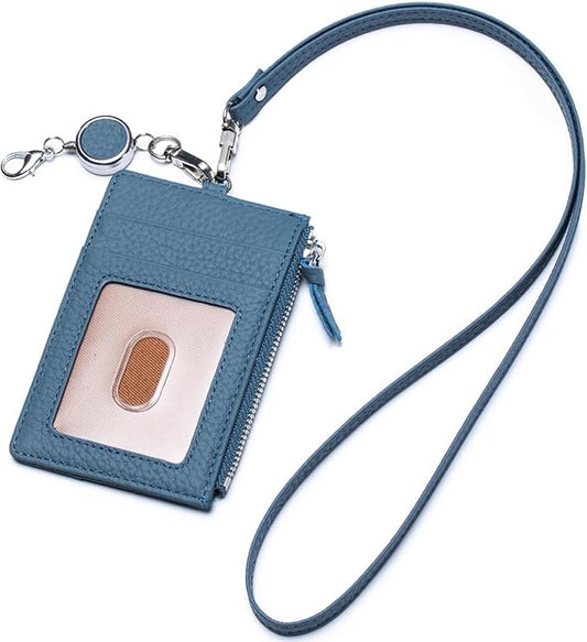 2-in-1 Leather ID Badge Holder with Wallet for Work, Multifunction ID Case with Credit Card Slots & Cash Coin Pocket, Slim Wallet with Lanyard for Women Men Nurse Teacher (Misty Blue)