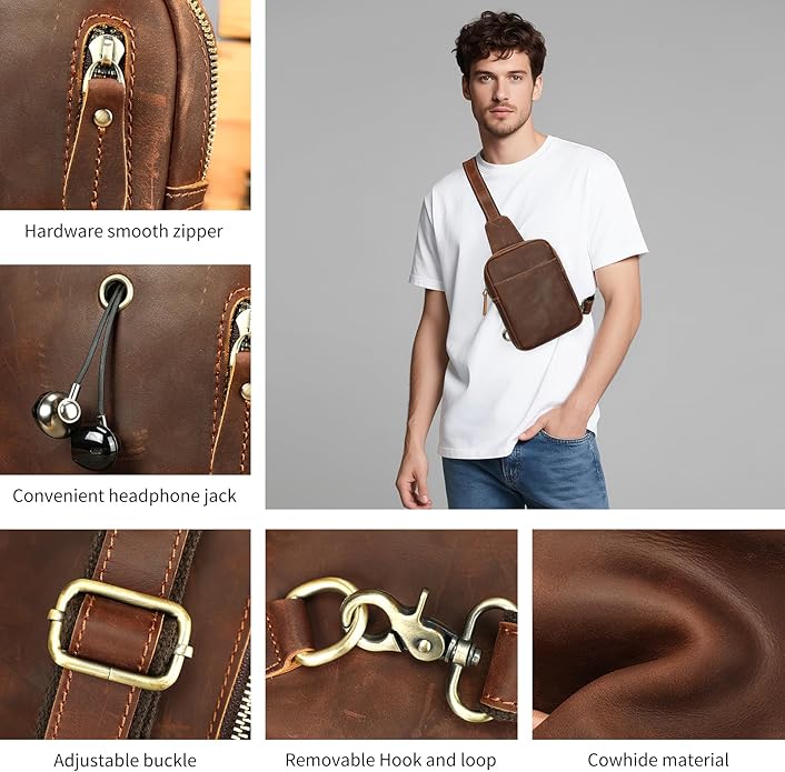 Genuine Leather Sling Bags for Men Crossbody Purse Vintage Small Messenger Shoulder Bag for Phone Side Chest Daypack Bag