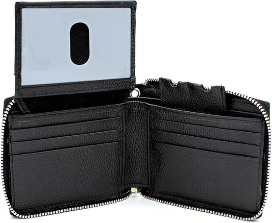 RFID Safe Leather Bi-fold Chain Wallet for Men Zip around Purse for Women Biker's Trucker YKK Metal Zipper Closure Filp up window ID (Black without Chain)