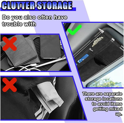 Car Sun Visor Organizer, Leather Multi-Pocket Glasses Card Holder with Zipper, Waterproof Scratch-Resistant Sunshade Storage Bag, Universal Auto Interior Accessory for Car/Truck/SUV (Grey)