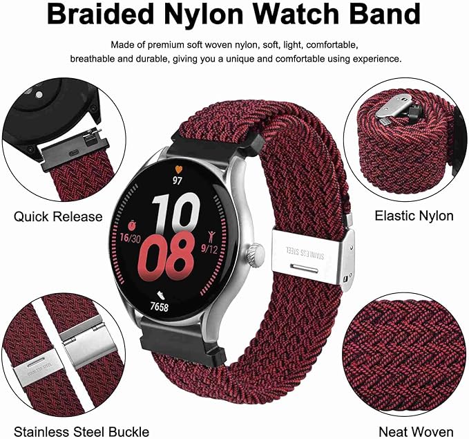 WOCCI 19mm Braided Nylon Watch Band for Men and Women, Quick Release, Silver Stainless Steel Buckle (Red Black)