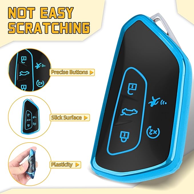 FT FUNTOR Key Fob Cover for Volkswagen,Soft TPU Full Protection Case Compatibale With VW Golf GTI Atlas Skoda Octavia ID3 ID4 MK8 (Blue, 5 Buttons)