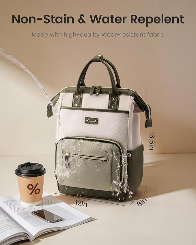 LOVEVOOK Laptop Backpack for Women with Giant Tumbler Holder,15.6 inch Professional Nurse Teacher Backpack Computer Laptop Bag,Cute Travel Backpack Purse Work College Bag,Beige-Bean green-Army green