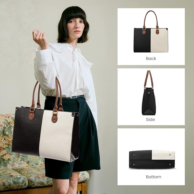 LOVEVOOK Laptop Tote Bag for Women, 15.6 Inch Large Capacity Vintage Leather Work Computer Bag, Business Casual Shoulder Handbag, Black & White & Brown
