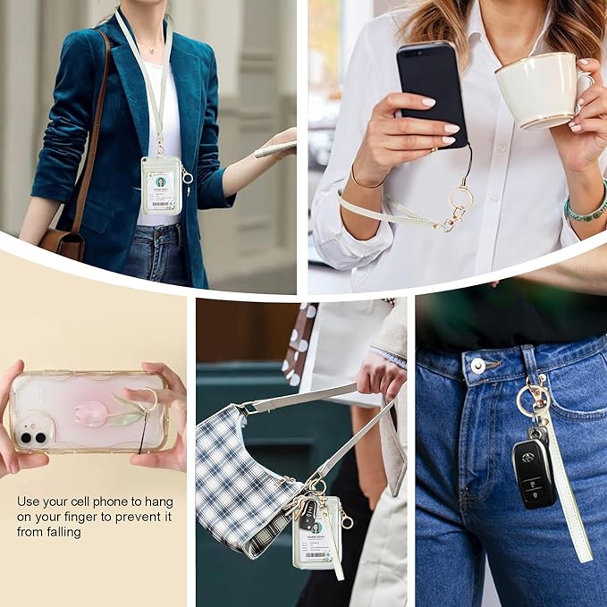 bolimoss 2-in-1 ID Badge Holder & Lanyard Wallet, Leather ID Badge Card Holder Wallet with 5 Card Slots, 1 Side Zipper Pocket,Detachable Keychain Lanyards Wristlet Strap for Office School, White