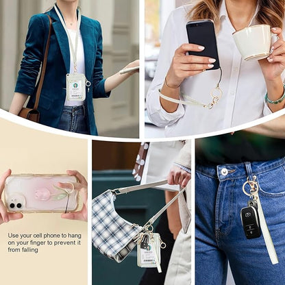 bolimoss 2-in-1 ID Badge Holder & Lanyard Wallet, Leather ID Badge Card Holder Wallet with 5 Card Slots, 1 Side Zipper Pocket,Detachable Keychain Lanyards Wristlet Strap for Office School, White