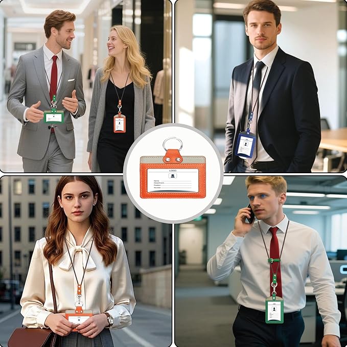 Badge Holder: Boshiho Cowhide Leather ID Badge Card Holder with 19" Neck Lanyard, Horizontal Style (Orange)
