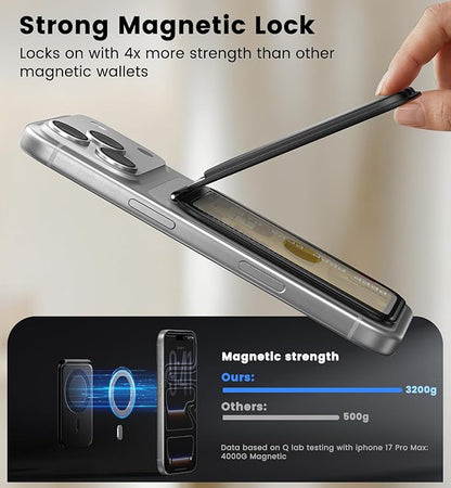 QYQBOON Magnetic Phone Wallet With Makeup Mirror - Mag Safe Wallet Leather RFID-Blocking Mag-Safe Card Holder for iPhone 17/16/15/14/13/12 Series, Not for iPhone 13/12 Mini (Black)