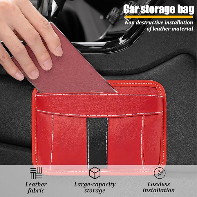 Car Seat Side Pocket Organizer, Leather Vehicle Seat Gap Filler Organizer, Automotive Console Side Cell Phone & Sunglasses Holder Storage Bag, Universal for SUV Automobile Truck (Red)