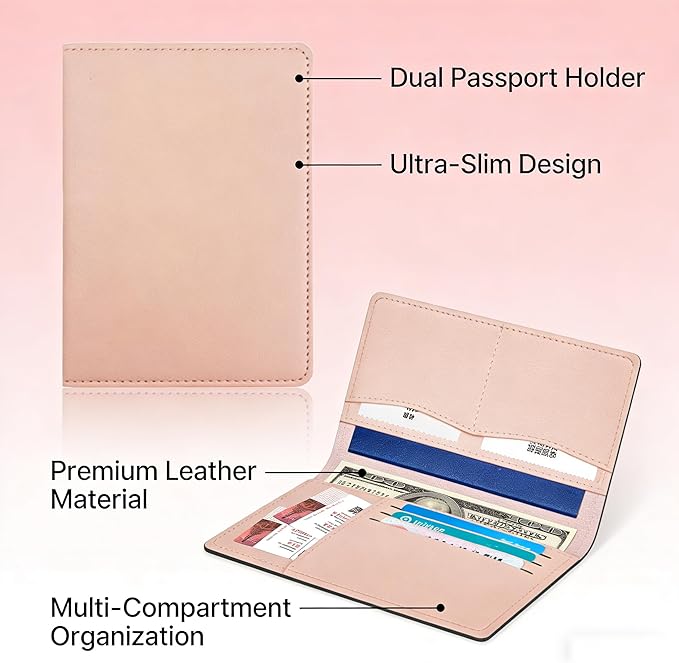 Handmade Travel Wallet for Men & Women - Dual Passport Holder, Ultra-Slim Leather Document Organizer (Black/Pink) (Pink)