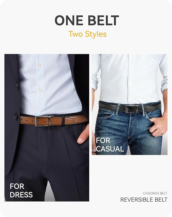 CHAOREN Reversible Mens Belt 1 Piece – Leather Belt Men for Dress Pants - Single Belt, 2 Colors