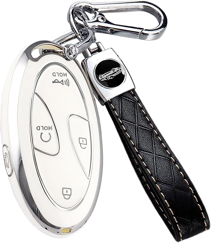5 Buttons Compatible with Hyundai Key Fob Cover Accessories, Fits for Elanrtra Sonata Ioniq Santa Fe Santa Cruz KONA Tucson, Soft TPU Key Case with Leather Keychain (White)