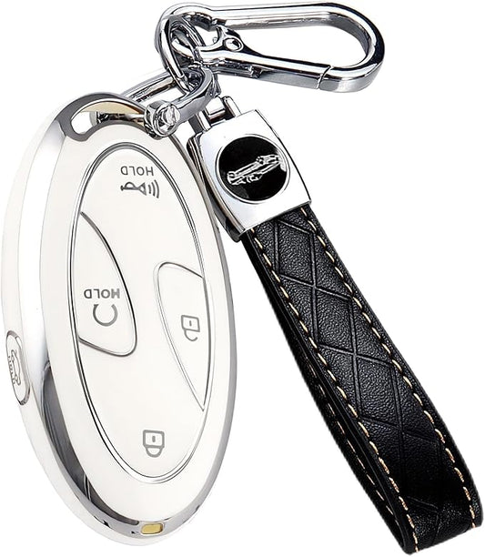 5 Buttons Compatible with Hyundai Key Fob Cover Accessories, Fits for Elanrtra Sonata Ioniq Santa Fe Santa Cruz KONA Tucson, Soft TPU Key Case with Leather Keychain (White)