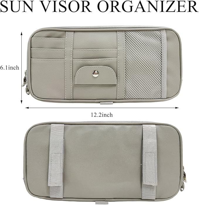 DXNQ Car Sun Visor Organizer, Double Zipper Leather Visor Storage Pouch with Multi-Pocket, Sunglass Holder Storage Pocket with Elastic Band for Cars SUVs Trucks, Car Accessories (Gray)
