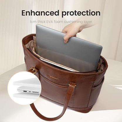 LOVEVOOK Laptop Tote Bag for Women,Vintage Leather Work Tote Bag for Women Computer Briefcase Bag,Waterproof Teacher Business