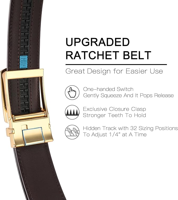 GAEKEAO Ratchet Belt for Men Genuine Leather 1 3/8" - Micro-Adjust Buckle Trim to Fit Dress Belt Casual to Formal Gift Boxed