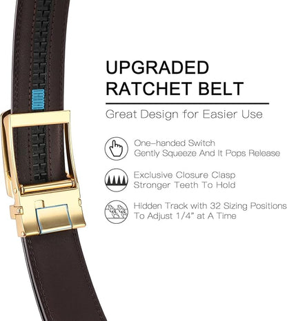 GAEKEAO Ratchet Belt for Men Genuine Leather 1 3/8" - Micro-Adjust Buckle Trim to Fit Dress Belt Casual to Formal Gift Boxed