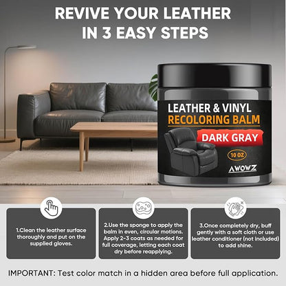 Leather Recoloring Balm - Scratch Repair & Color Restore Kit for Faded Leather, Leather Couch & Car Seats - 10OZ Leather Restorer Balm for Furniture, Auto Interior, Vinyl, Accessories (Dark Gray)
