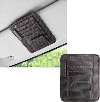 Dickno Small Leather Car Sun Visor Organizer, Multifunctional Auto Visor Document Holder with Sunglasses Clip, Universal Car Interior Organizer for Driving License, Card, Pen (Black&Red)
