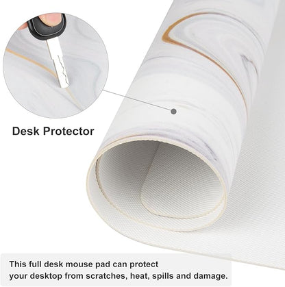 QiyI White Mouse Pad, Cute Marble Large Desk Mat, PU Leather Desk Protector Mousepad, Gold Grey Striped Waterproof Computer Keyboard Gaming Mouse Pads, Non Slip Extended Writing Pad 31.5" x 11.8"