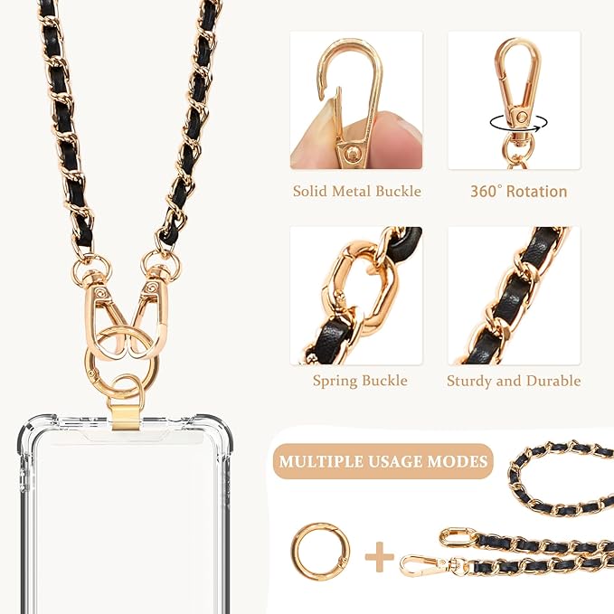 Clip and Go Phone Strap Crossbody with RFID Leather Wallet, Trendy Hands-Free Crossbody Cell Phone Lanyard Chain with Coin Purse for Women, Neck Chain for iPhone and Smartphone, Black Gold