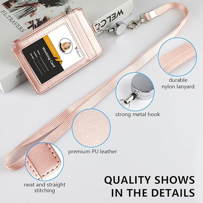Teskyer Leather Badge Holder with Lanyard and Retractable Badge Reel, 4 Card Slots ID Card Holder with 1 Zipper Pocket for Office School Name Work IDs, Rose Gold