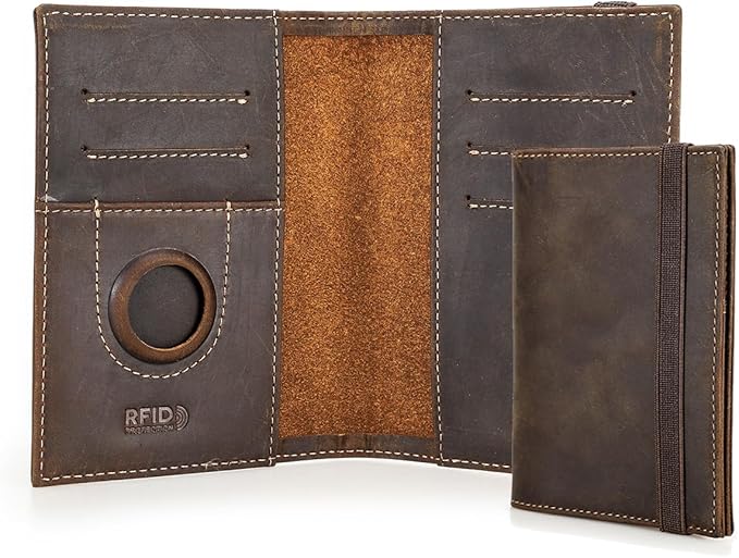 CONTACTS Full Grain Leather Passport Holder for 2 RFID Blocking Travel Passport Wallet Compatible with Airtag Passport Cover Case for 2 Passports with 5 Card Slots