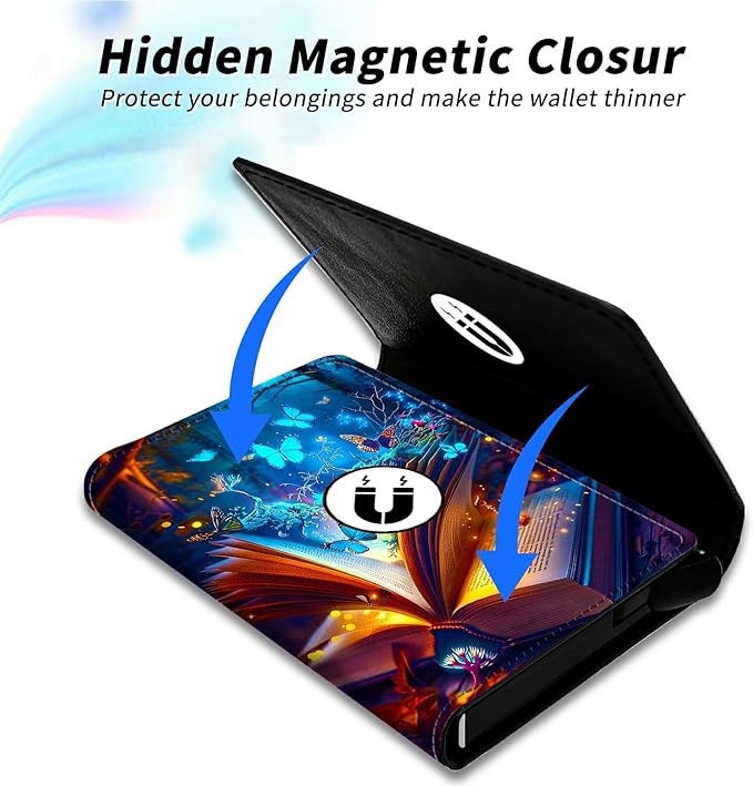 Minimalist Wallet for Men's Card Holders, Pop-Up Card Case Wallets for Women, Leather Automatic Credit Card Holder with Metal Money Clip RFID Blocking Bifold Pocket, Book Blue Butterfly