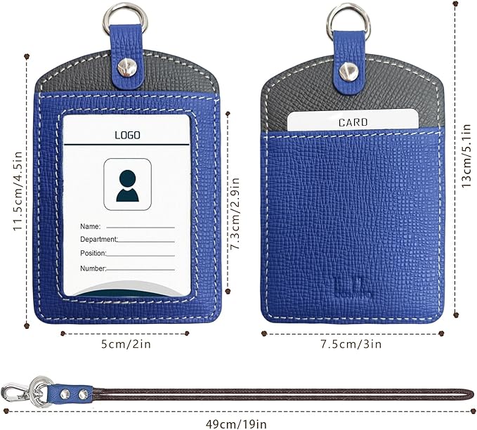 Badge Holder: Boshiho Cowhide Leather ID Badge Card Holder with 19" Neck Lanyard, Vertical Style (Blue-Dark Gray)