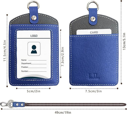 Badge Holder: Boshiho Cowhide Leather ID Badge Card Holder with 19" Neck Lanyard, Vertical Style (Blue-Dark Gray)