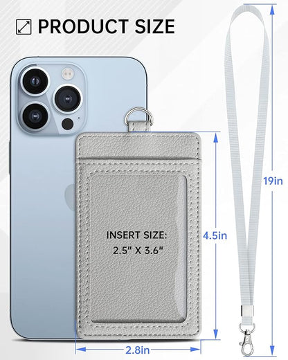 Teskyer Badge Holder with Lanyard, Leather ID Name Badge Card Holder with Lanyard for ID Badges, Vertical, Lychee Pattern Grey