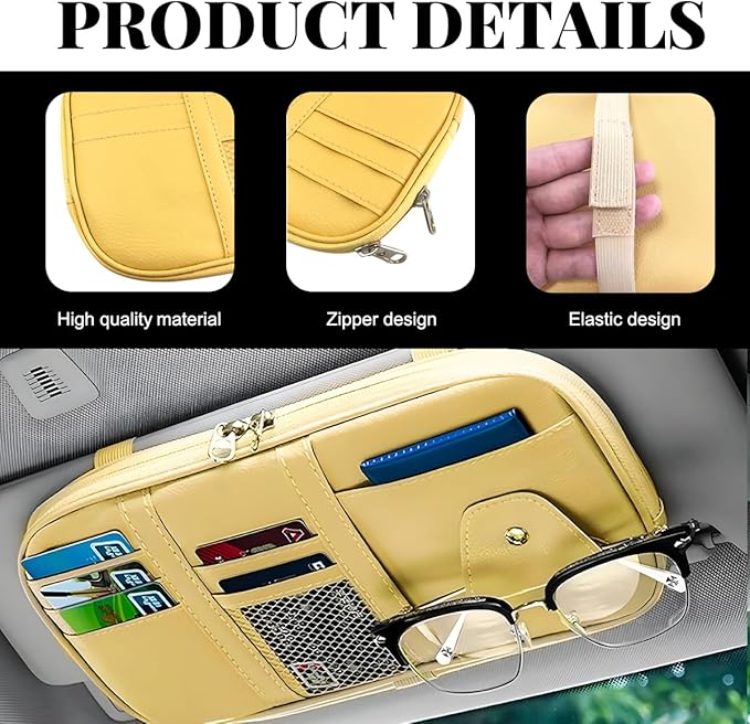 Car Sun Visor Organizer, Multi-Pocket Visor Storage Pouch Sunglasses Holder with Net Zippers, PU Leather Sunvisor Storage Bag with Elastic Band for Driving License Card Pen (Beige)